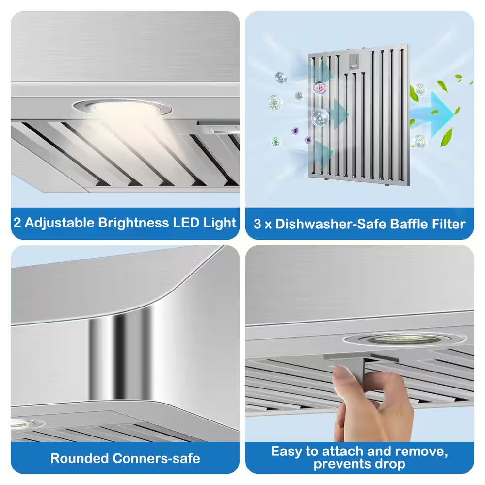 36 In. 1200 CFM Convertible under Cabinet Range Hood in Stainless Steel with 4-Speed Settings, Built-In Oil Cup