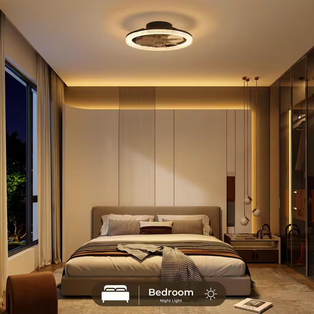 16 In. Smart Modern Indoor Black Low Profile Color Changing Standard Flush Mount Ceiling Fan Light with LED for Bedroom