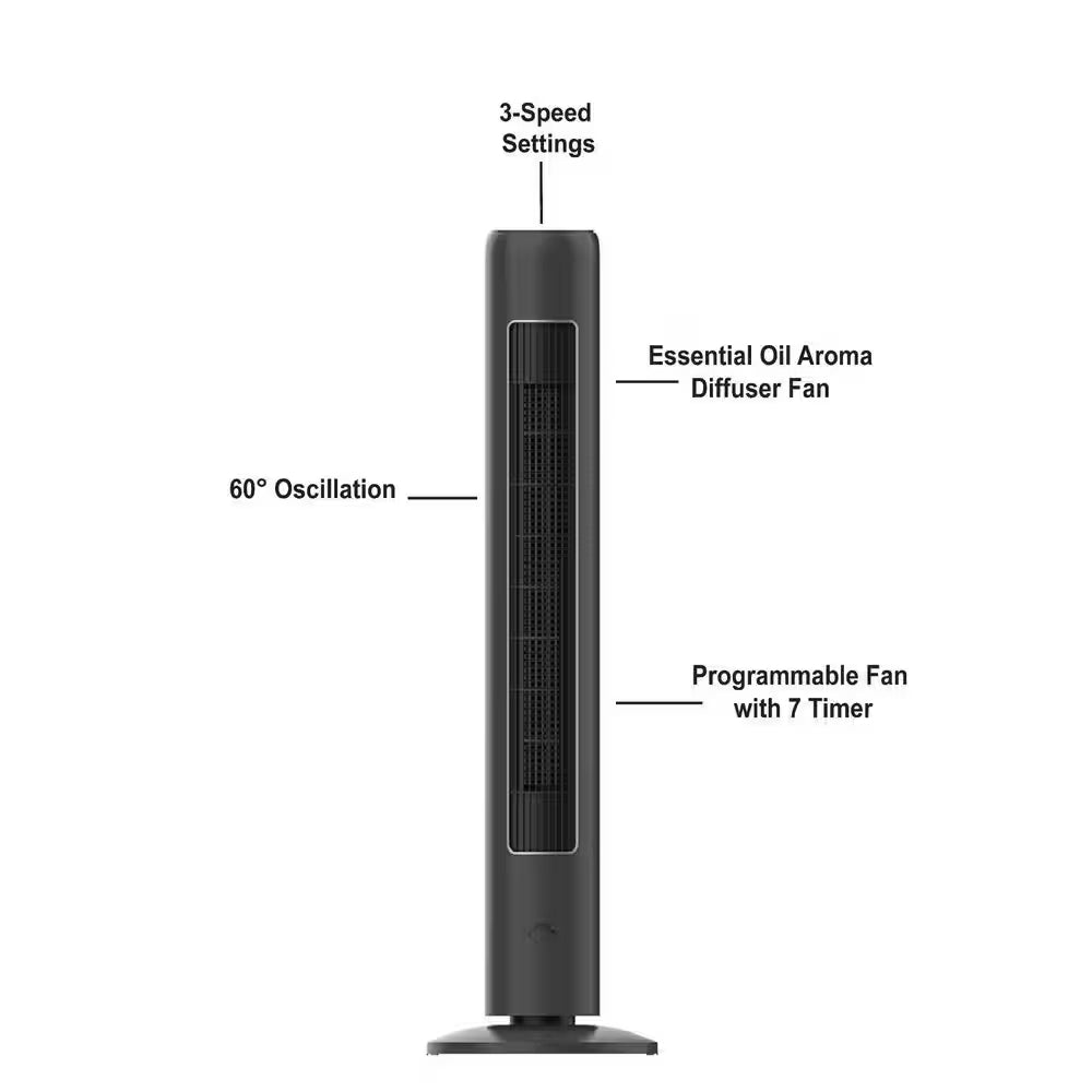 42 In. 3-Speeds Tower Fan in Gray with Wi-Fi, Sleep Mode, 60° Oscillation, 7-Hours Timer, Aromatherapy Box, Negative Ion