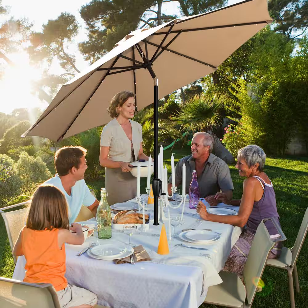 9 Ft. Steel Market Solar Lighted 8-Rib round Patio Umbrella in Taupe
