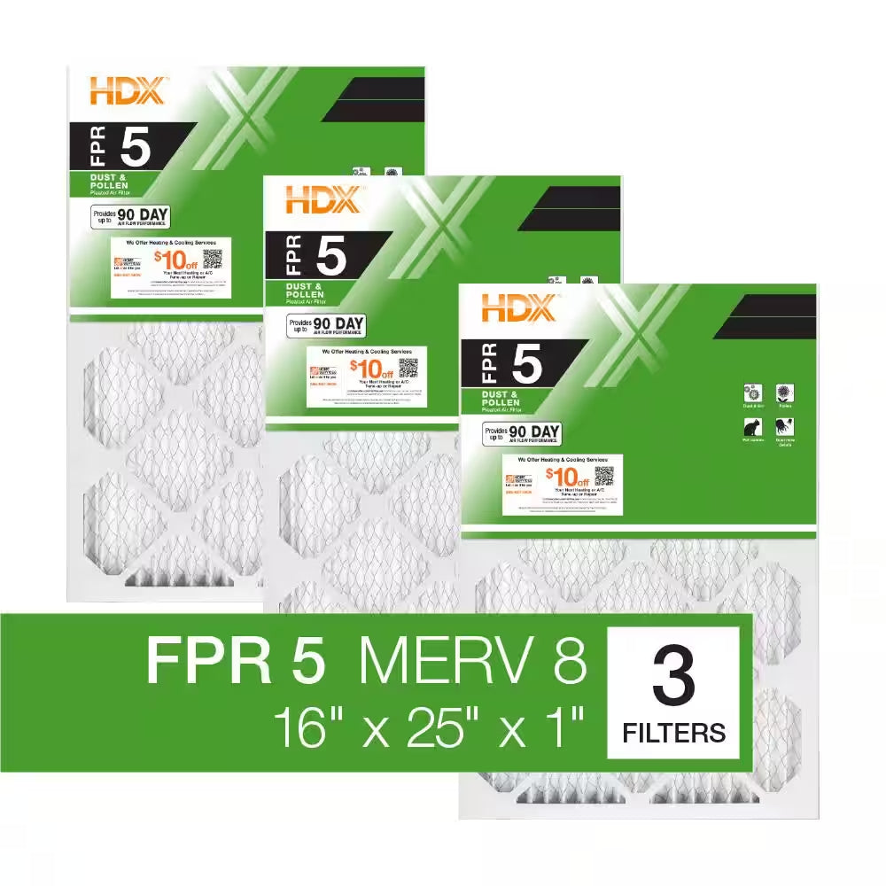 16 In. X 25 In. X 1 In. Standard Pleated Furnace Air Filter FPR 5, MERV 8 (3-Pack)