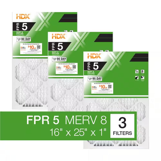 16 In. X 25 In. X 1 In. Standard Pleated Furnace Air Filter FPR 5, MERV 8 (3-Pack)