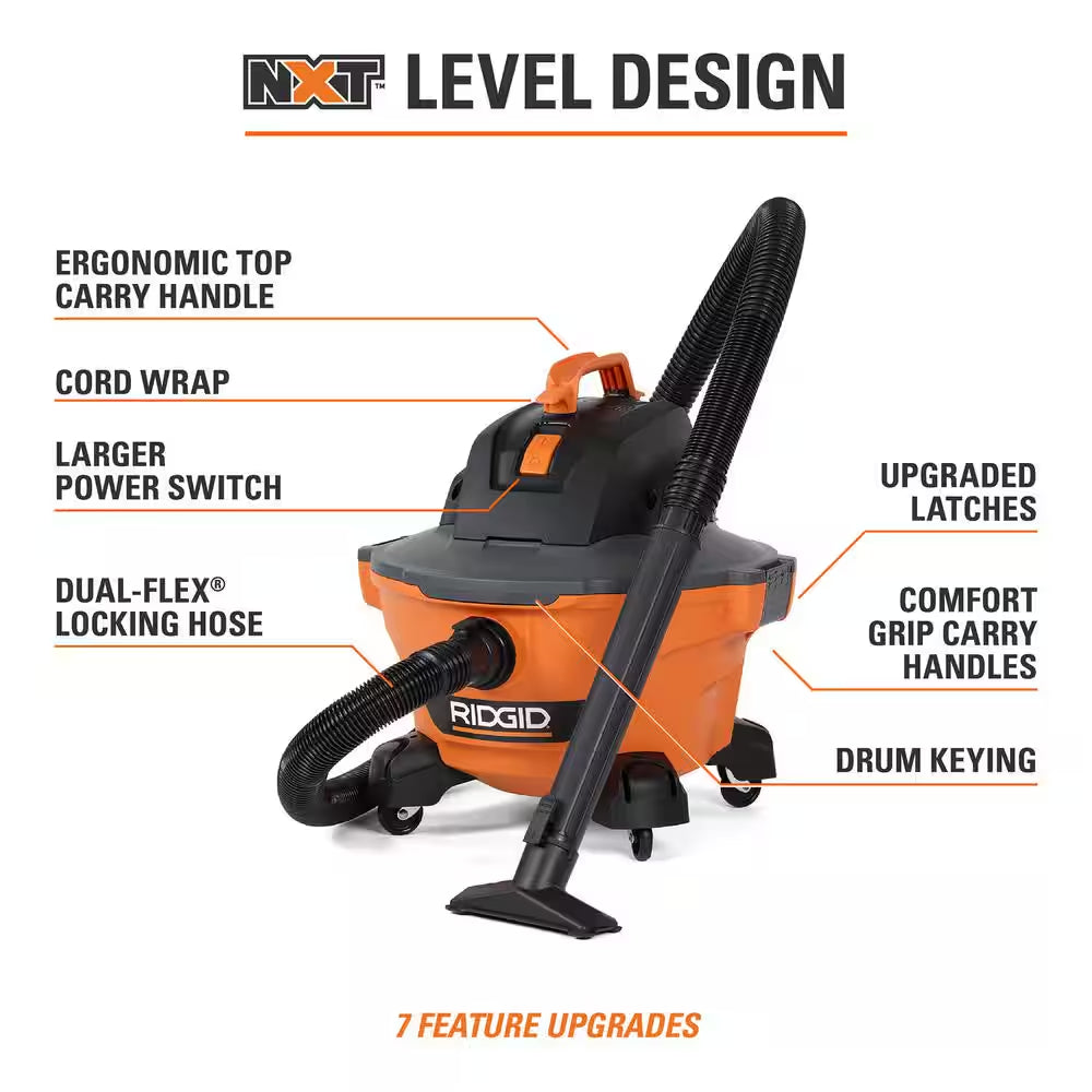 6 Gal. 3.5 Peak HP NXT Shop Vacuum Wet Dry Vac with General Debris Filter, Locking Hose and Attachments HD06001