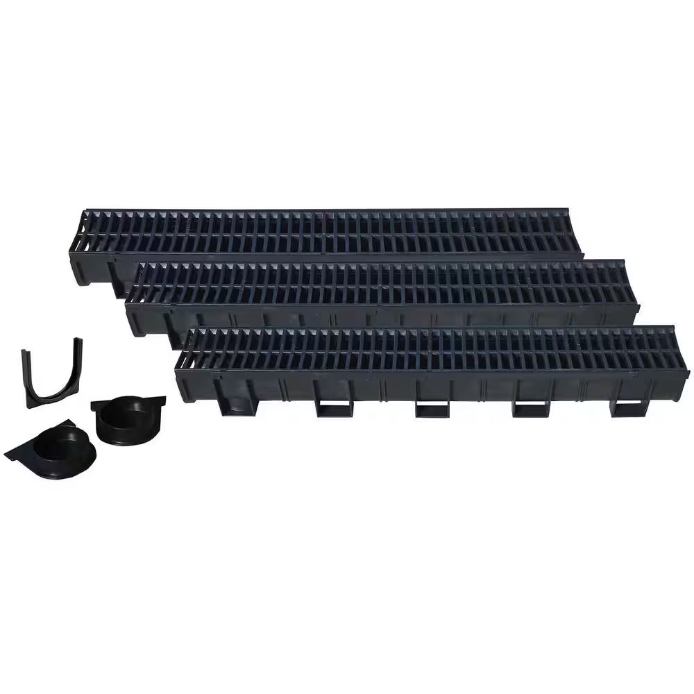 Deep Series 5.4 In. W X 5.4 In. D X 39.4 In. L Trench and Channel Drain Kit with Black Grate (3-Pack : 9.8 Ft)