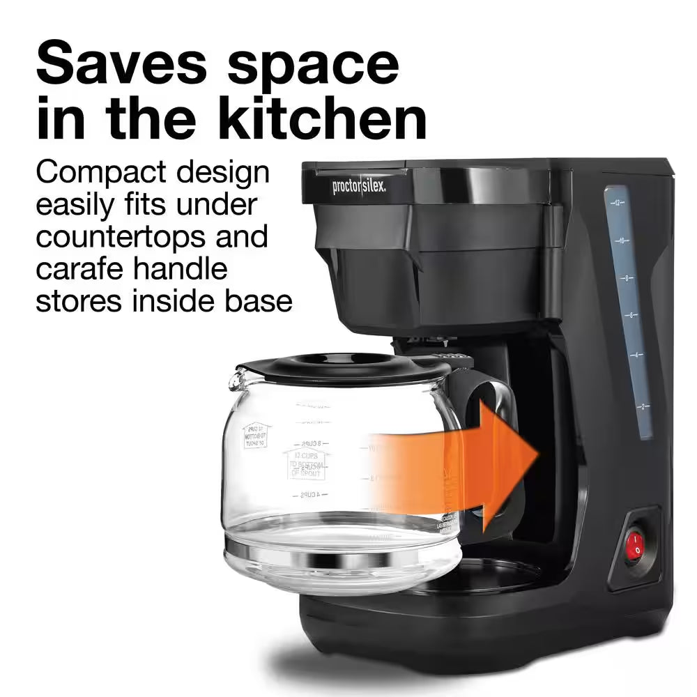 12-Cup Black Front Fill Compact Drip Coffee Maker