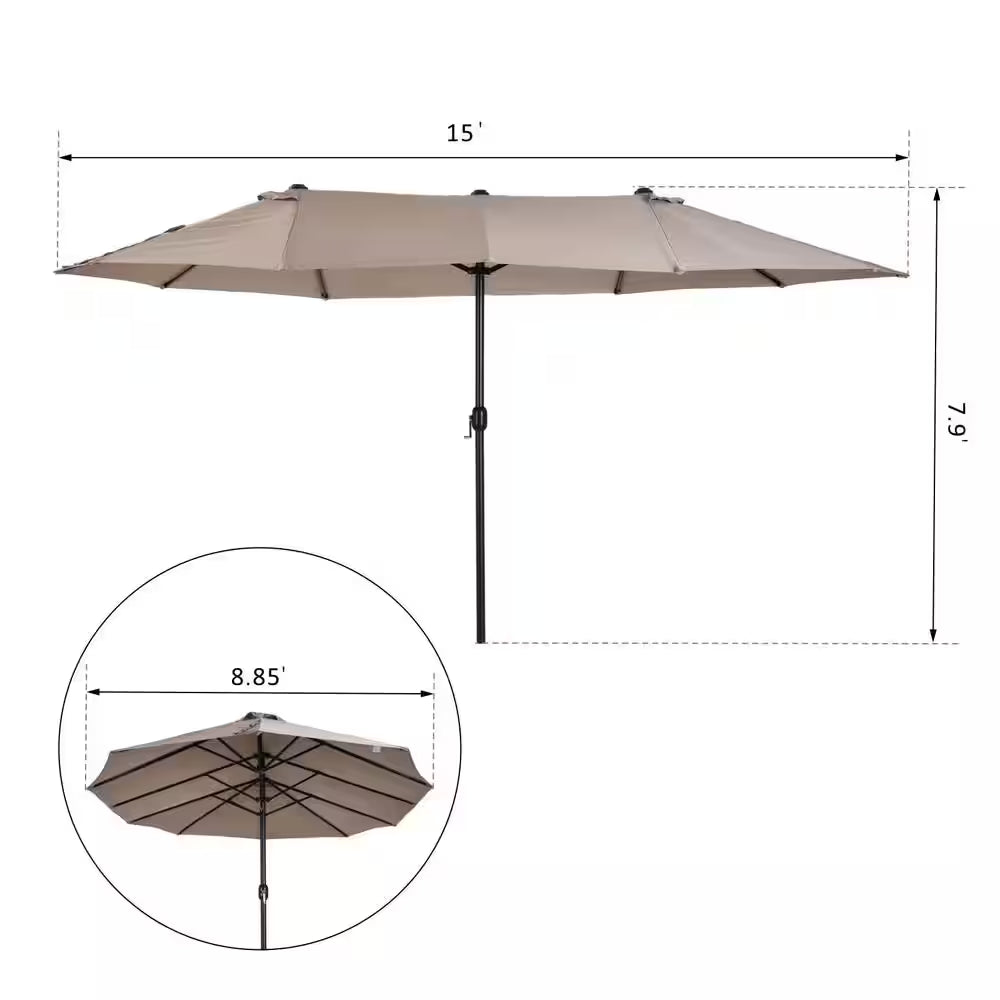 15 Ft. Steel Rectangular Outdoor Double Sided Market Patio Umbrella with UV Sun Protection & Easy Crank in Tan