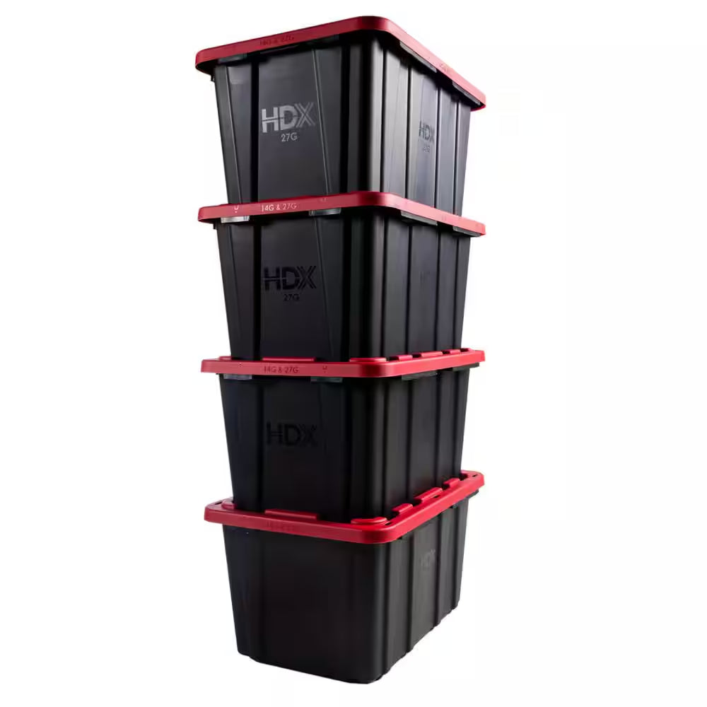 27 Gal. Tough Storage Tote in Black with Red Lid (4-Pack)