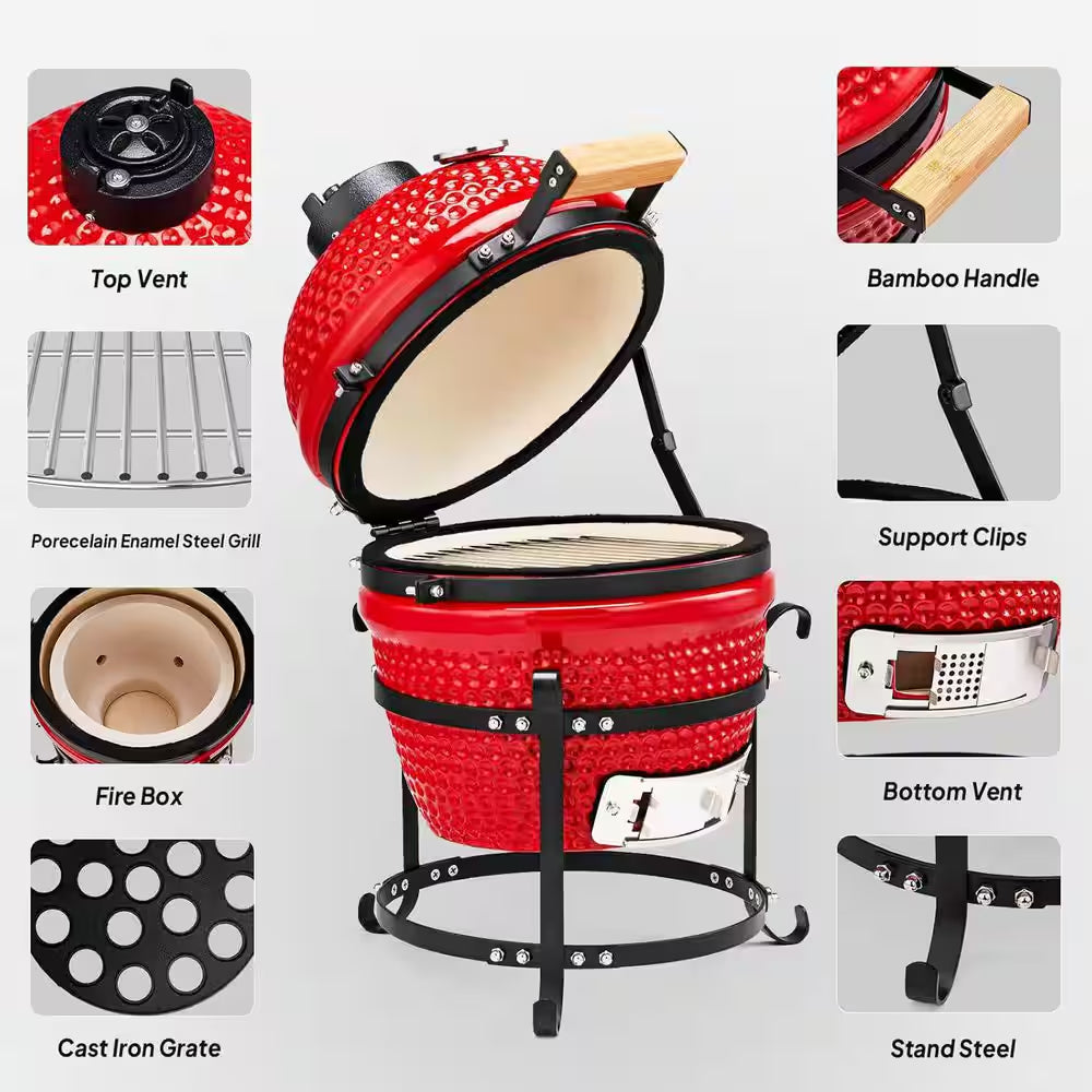 13 In. Kamado Ceramic Charcoal Grill in Red with Grill Stand