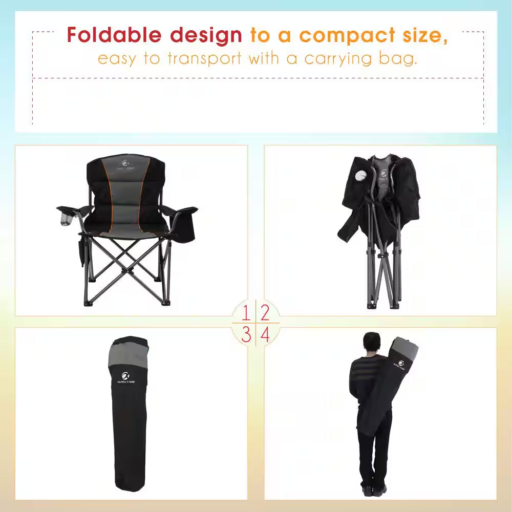 Oversized Folding Camping Chair with Cooler Bag Deluxe Black Chair Heavy-Duty
