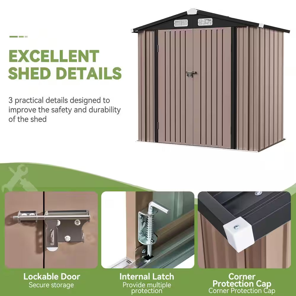 6 Ft. W X 4 Ft. D Brown Metal Shed with Lockable Door and Vents for Tool, Garden, Bike (24 Sq. Ft.)