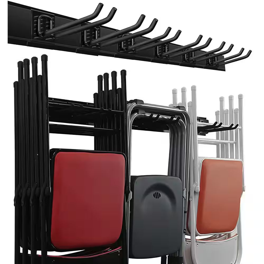 48 In. W X 4 In. H Wall-Mounted Heavy Duty Black Tool Rack Organizer with 6 Adjustable Hooks for Garage, Barn and Shed