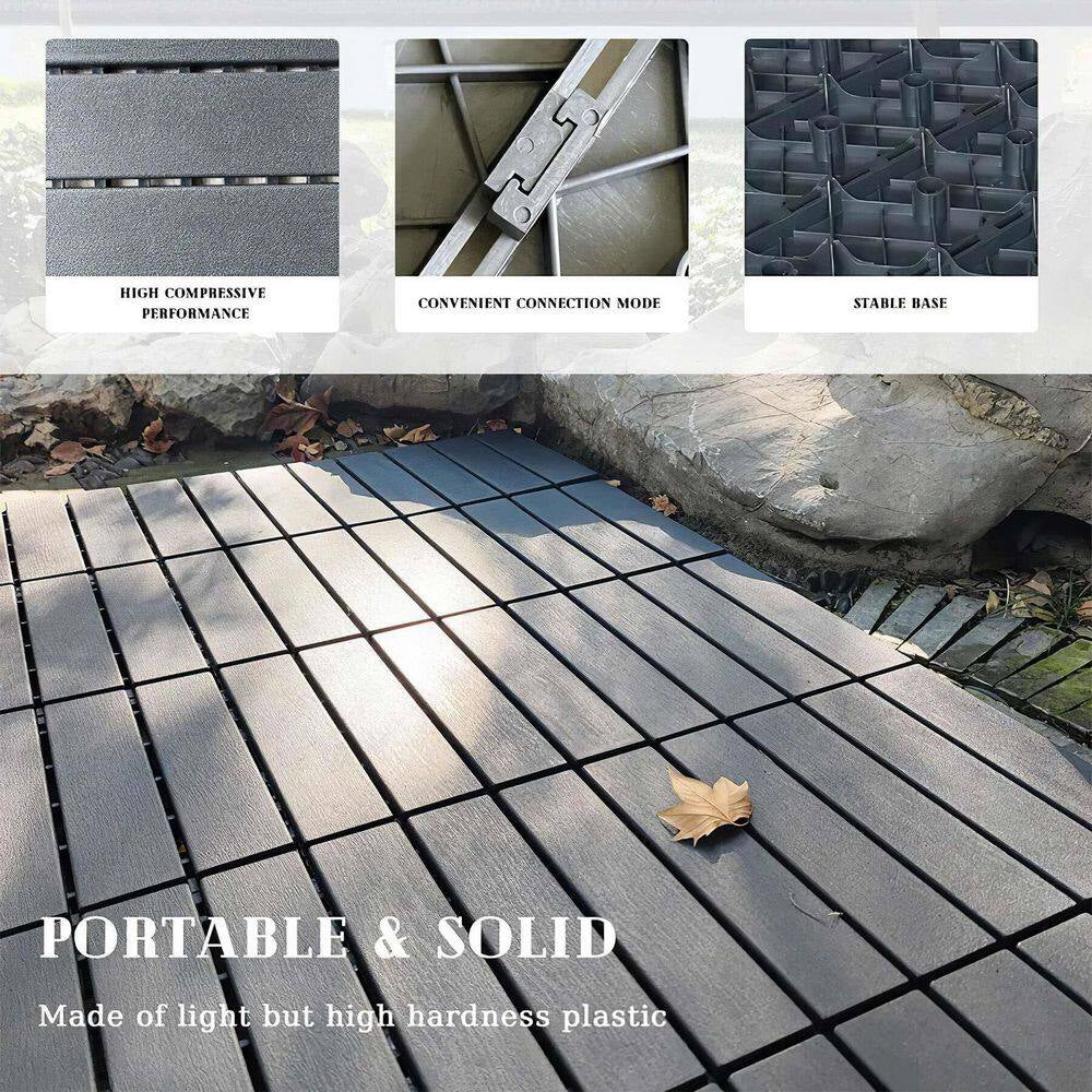 12 In.W X 12 In. L Outdoor Striped Pattern Square Plastic Interlocking Flooring Deck Tiles (Pack of 44 Tiles)In Gray