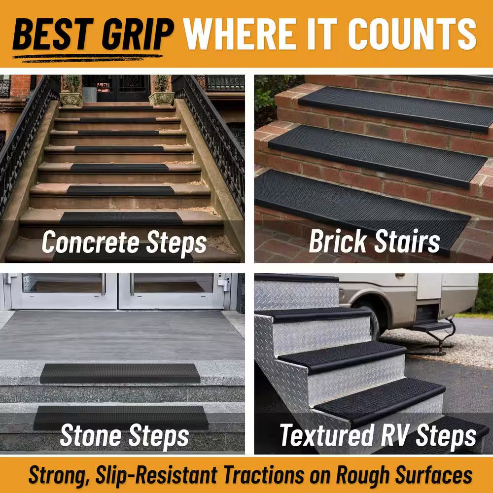 Waterproof Easy-Clean Indoor/Outdoor Black 10 In. X 30 In. Non-Slip Rubber Bull Nose Stair Tread Cover-Set of 5