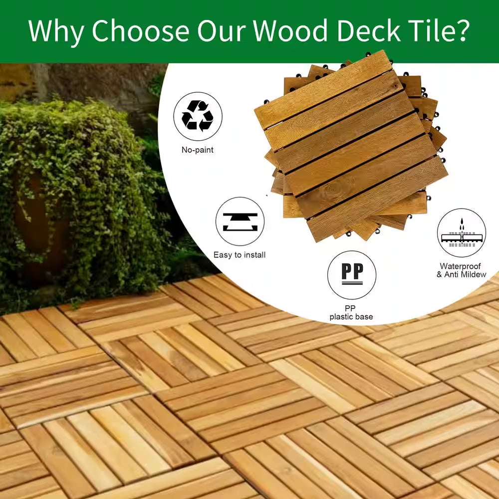 12 In. X 12 In. Acacia Wood Interlocking Flooring Deck Tile Brown 6-Slats, 10-Pack Covering 10 Sq. Ft.