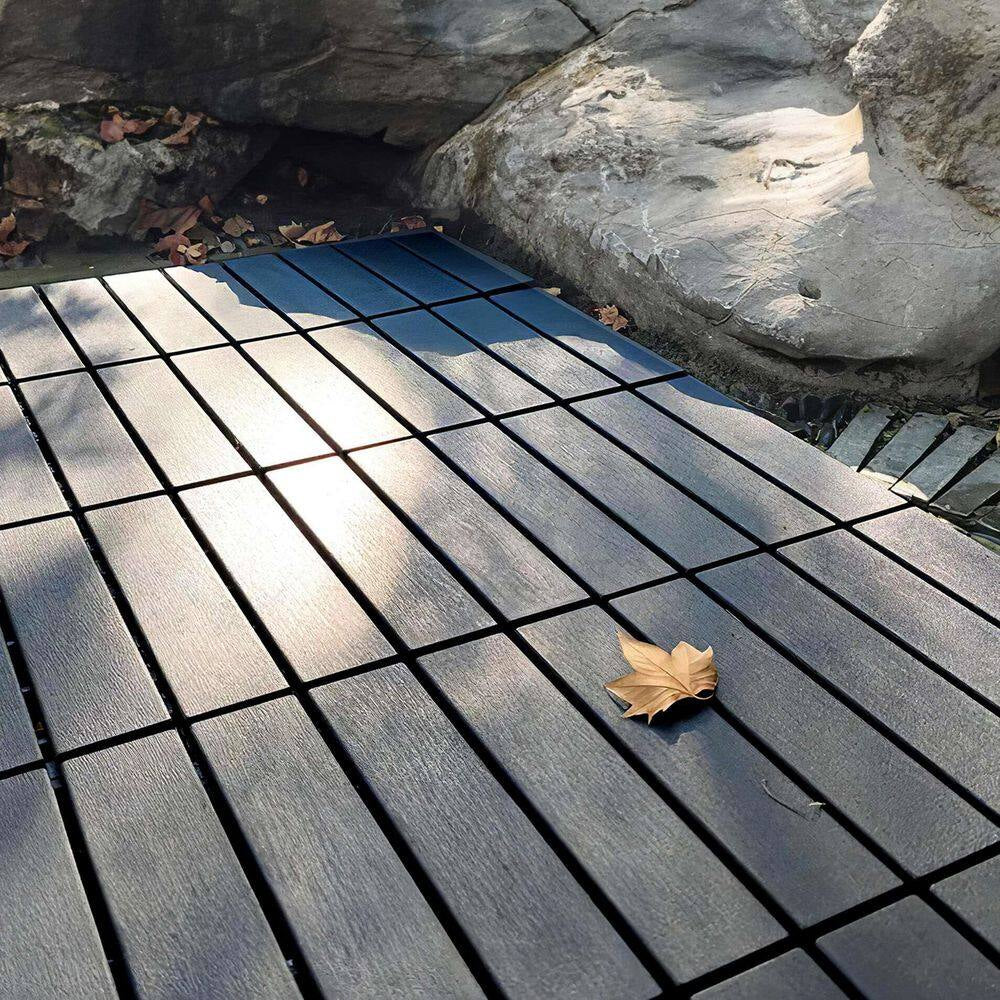 12 In.W X 12 In. L Outdoor Striped Pattern Square Plastic Interlocking Flooring Deck Tiles (Pack of 44 Tiles)In Gray