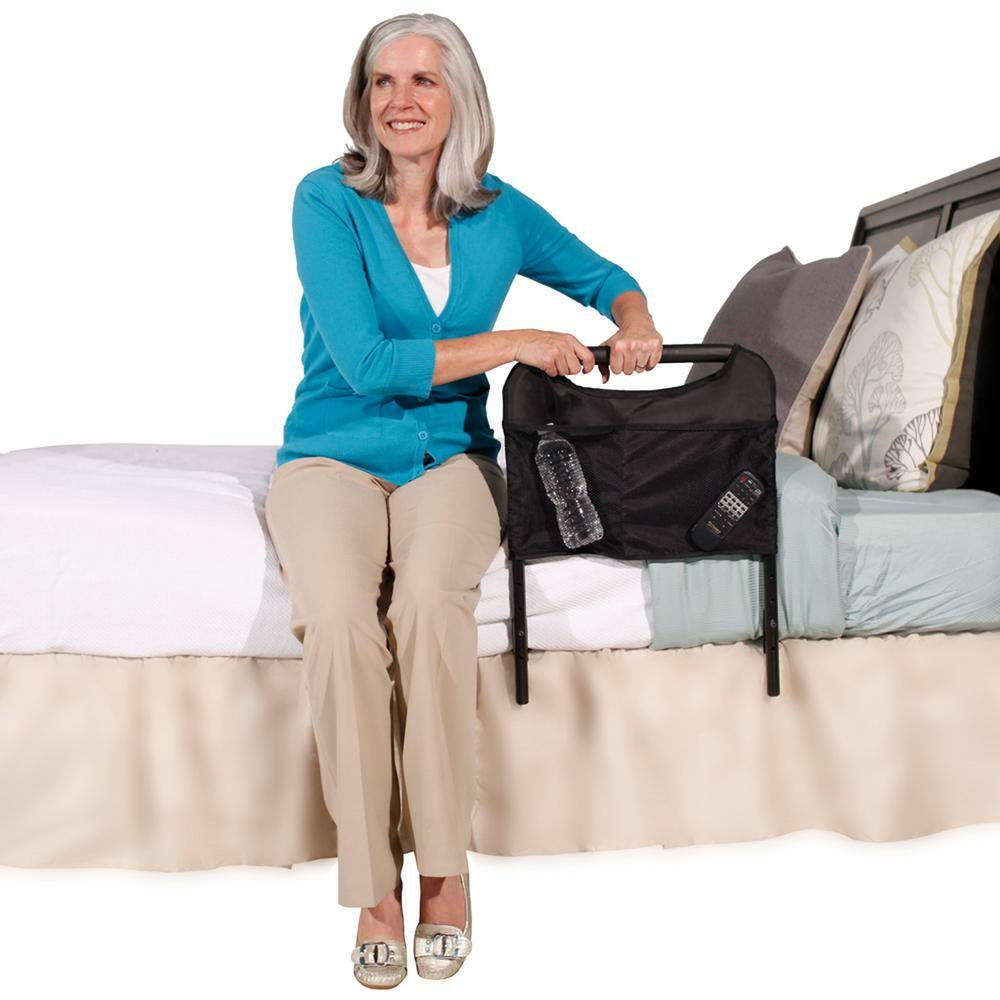 17 In. Bedside Safety Handle Bed Rail Assist with Padded Handle and Pouch in Brown