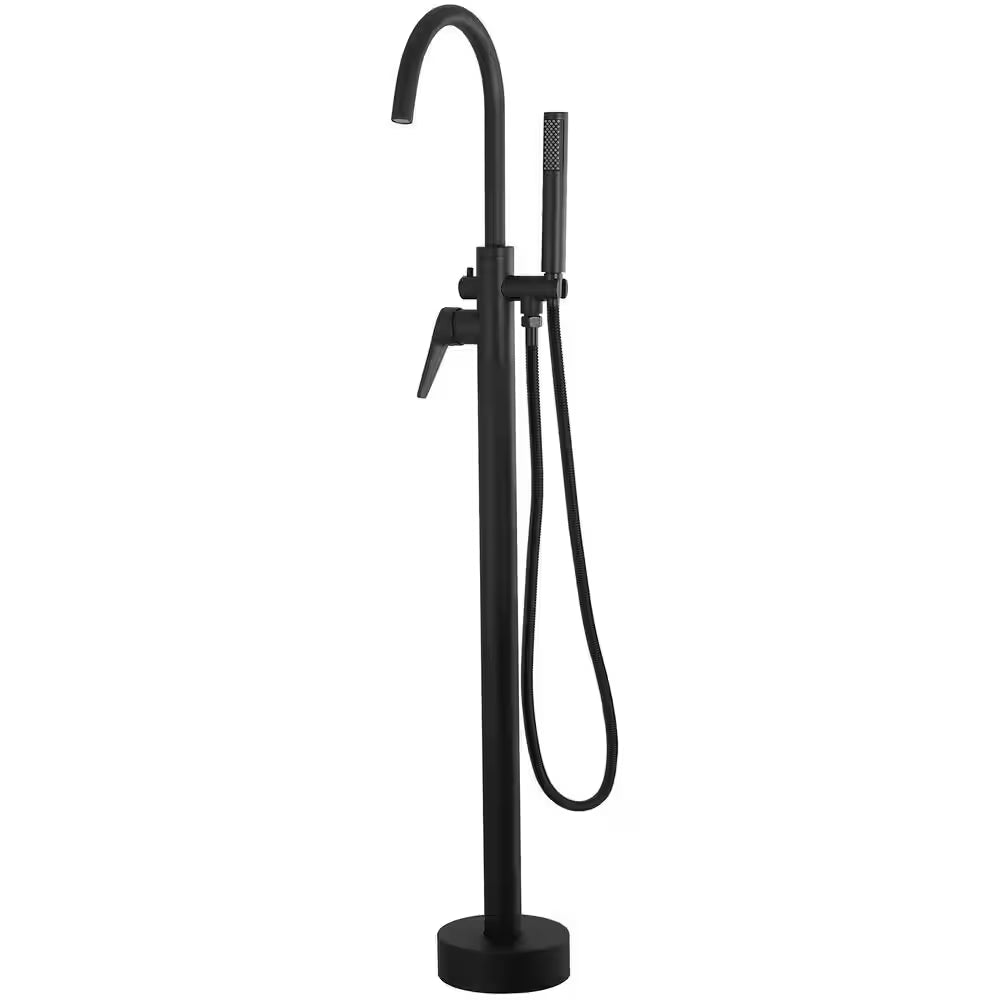 Single-Handle Freestanding Floor Mount Roman Tub Faucet Bathtub Filler with Hand Shower in Matte Black