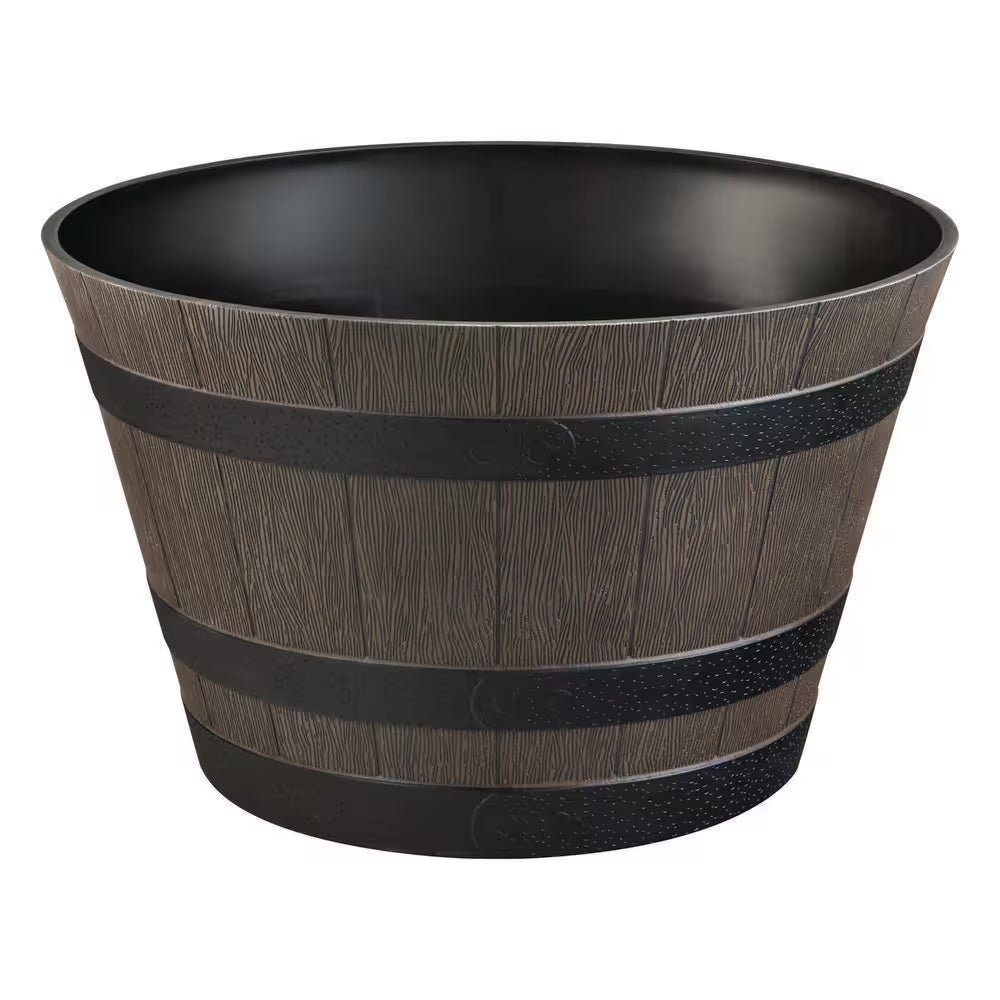 Cameron Whiskey Barrel Large Brown Resin round Planter (22 In. L X 22 In. W X 13.5 In. H)