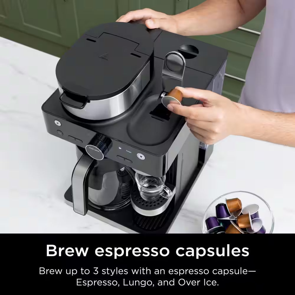 Espresso and Coffee System, Single-Serve and Nespresso Capsule Compatible, 12- Cup Black Stainless Steel Coffee Maker