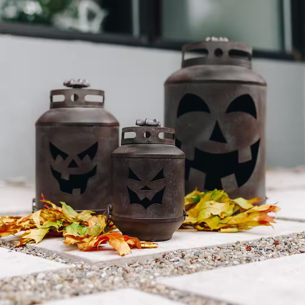 14 In. Halloween Patina Pumpkin Lanterns - Replica Propane Lanterns (Set of 3)