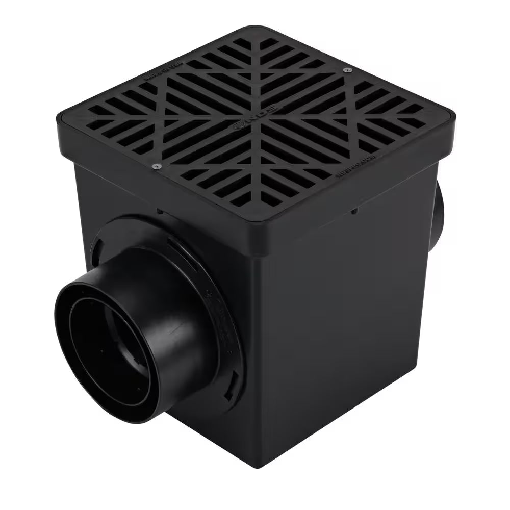 9 In. Square Catch Basin Drain Kit 2-Opening Basin, Black Plastic Grate, 2 Outlet Adapters and 1 Outlet Plug (4-Pack)