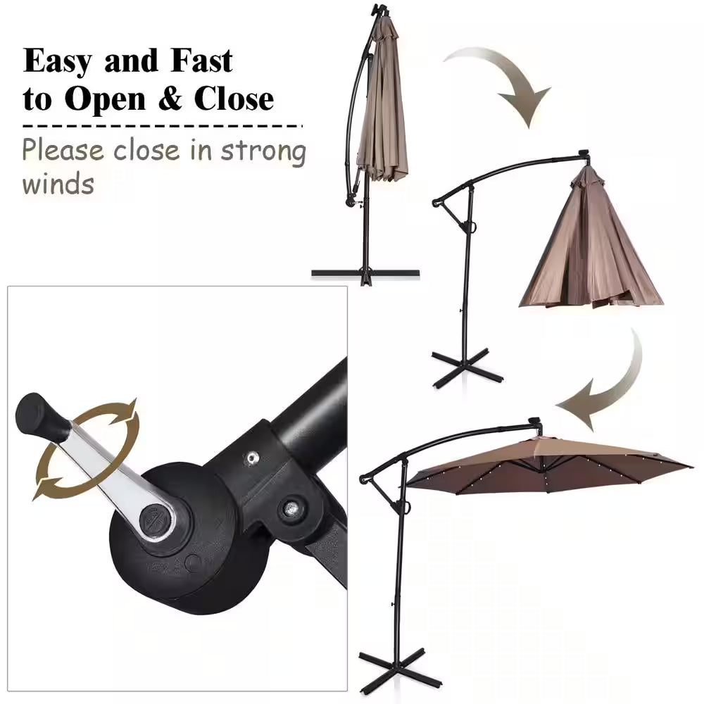 10 Ft. Aluminum Offset Cantilever Solar Tilt Patio Umbrella LED Lights 360-Degrees Rotation Tan