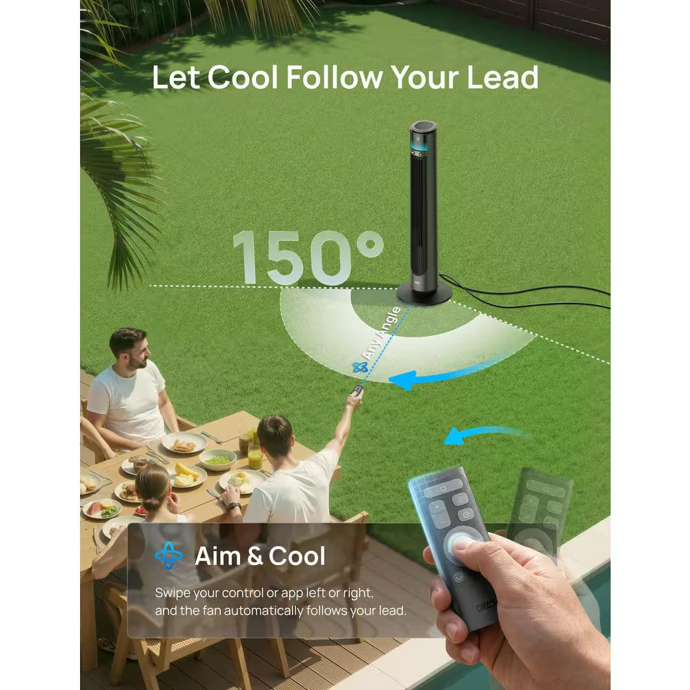 Outdoor Misting 42 In. 12-Fan Speeds Tower Fan in Black with Remote, 20 Ft. Mist, 150° Oscillation and UV Resistance