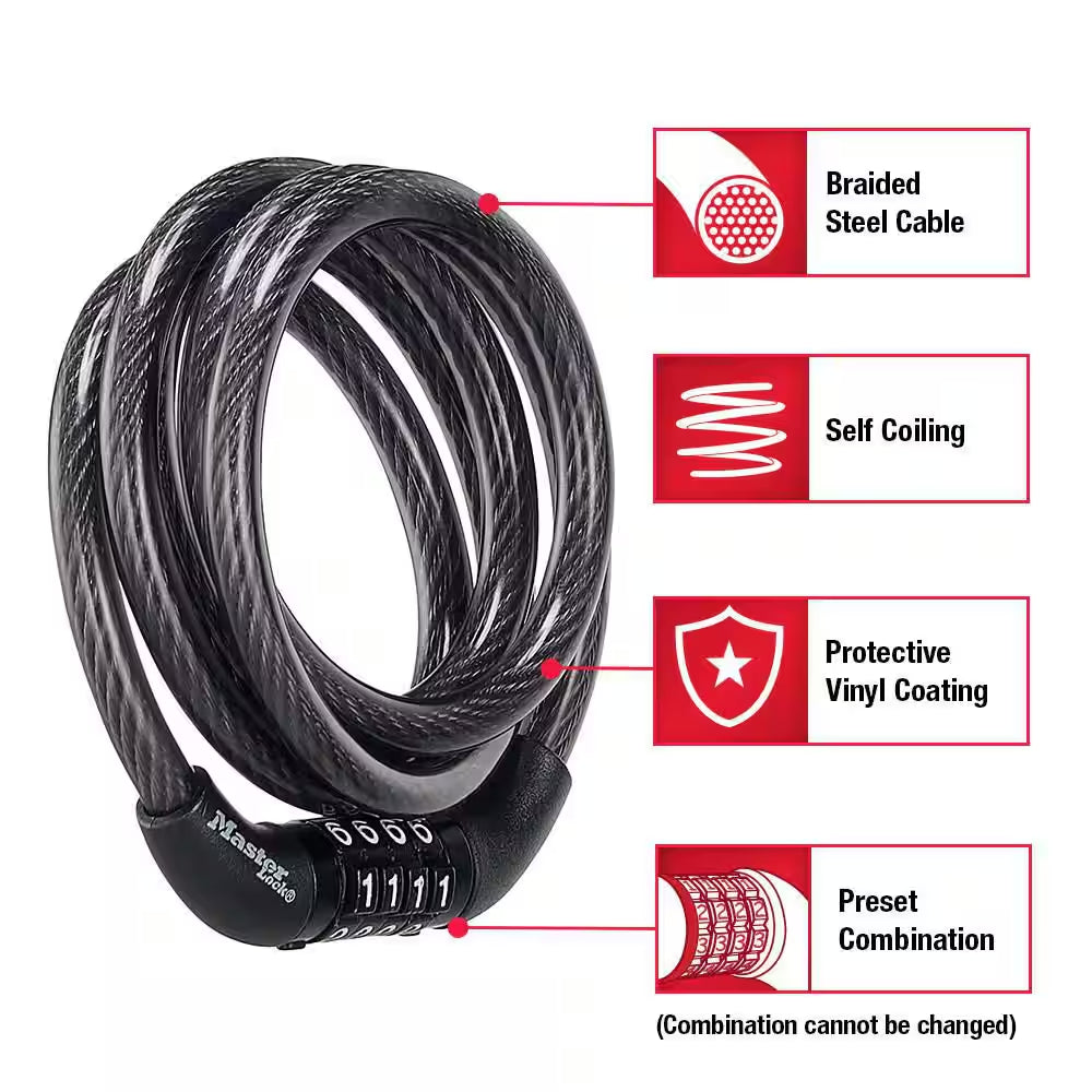 Bike Lock Cable with Combination, 4 Ft. Long