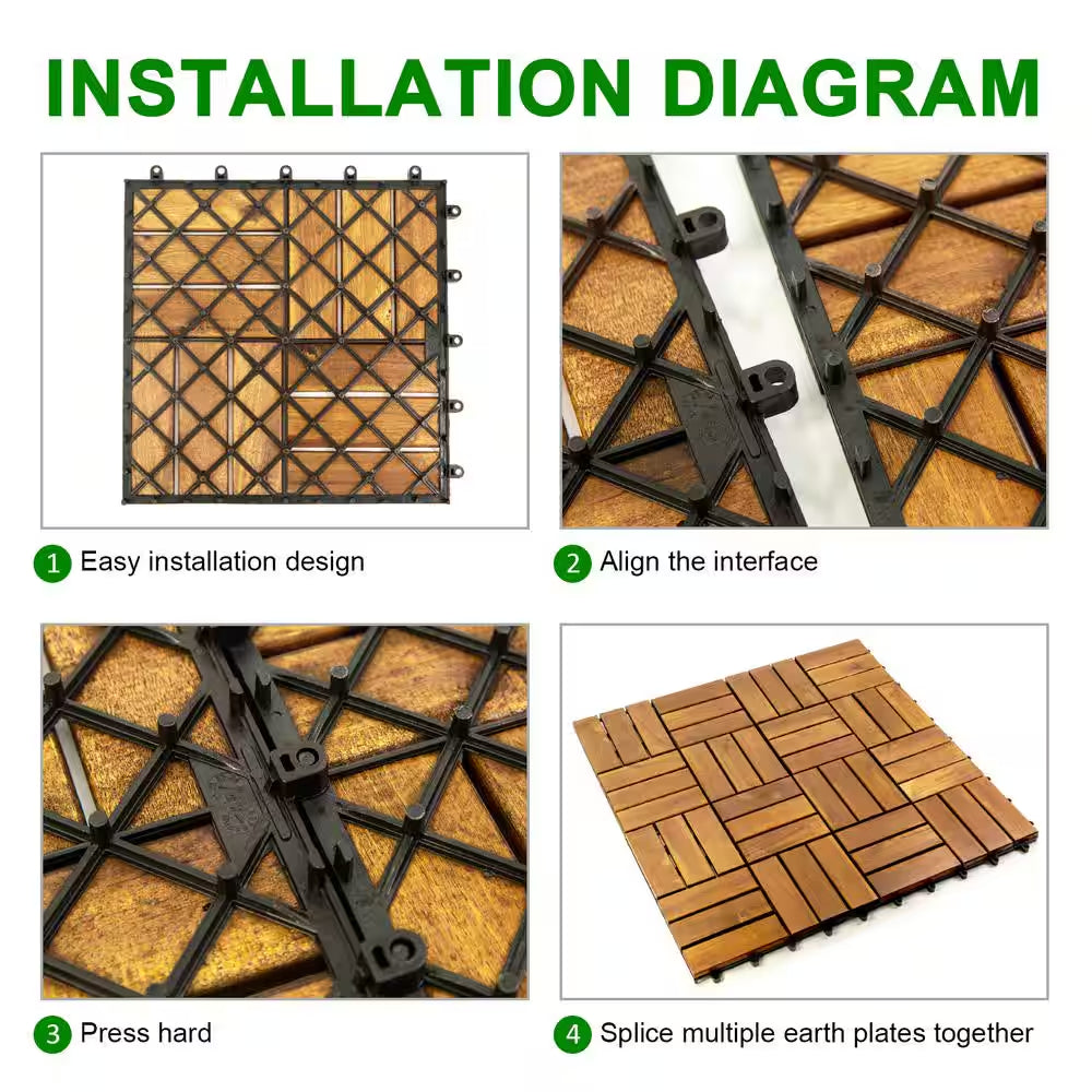 12 In. X 12 In. Acacia Wood Interlocking Flooring Deck Tile Checker Pattern Brown 12-Slats,10-Pieces Covering 10 Sq. Ft.