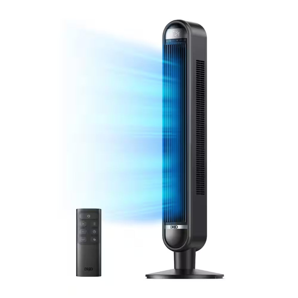 Essential 42 In. 6 Fan Speeds Tower Fan in Black with Remote, 90° Oscillation and 12-Hour Timer