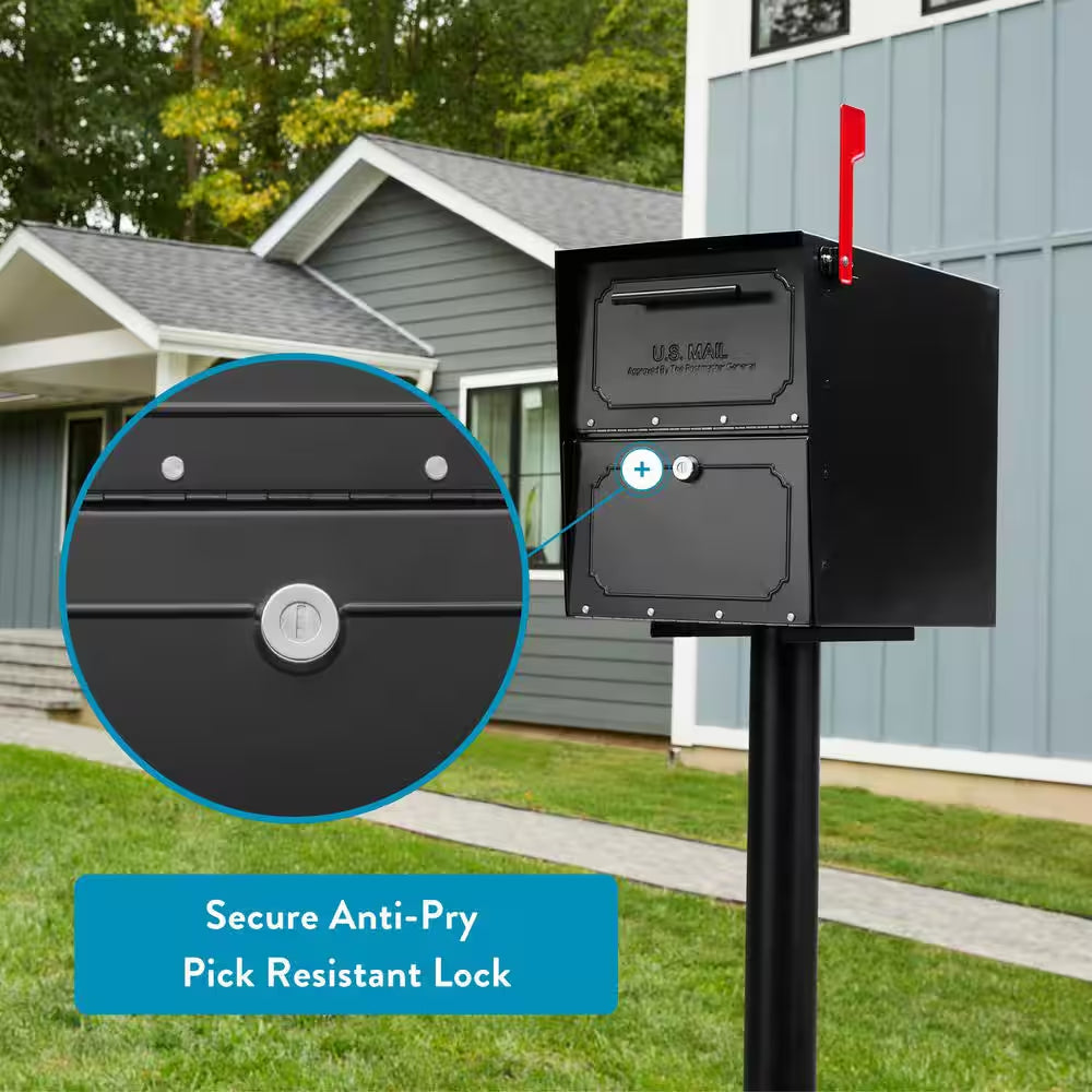 Oasis Classic Black, Extra Large, Steel, Locking, Post Mount Parcel Mailbox with High Security Reinforced Lock