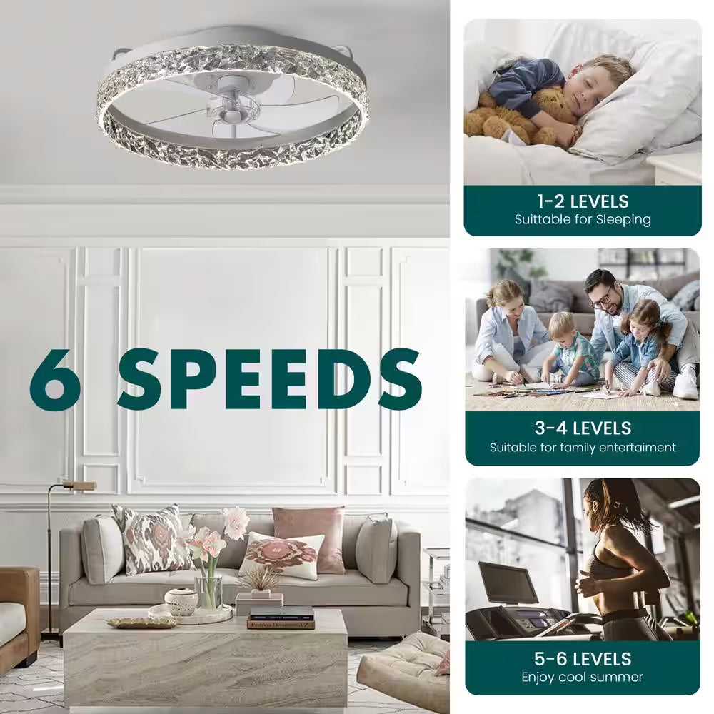 Lidia 19.68 in Indoor Modern White Crystal Flush Mount Ceiling Fan with Light, White LED Ceiling Fan for Bedroom