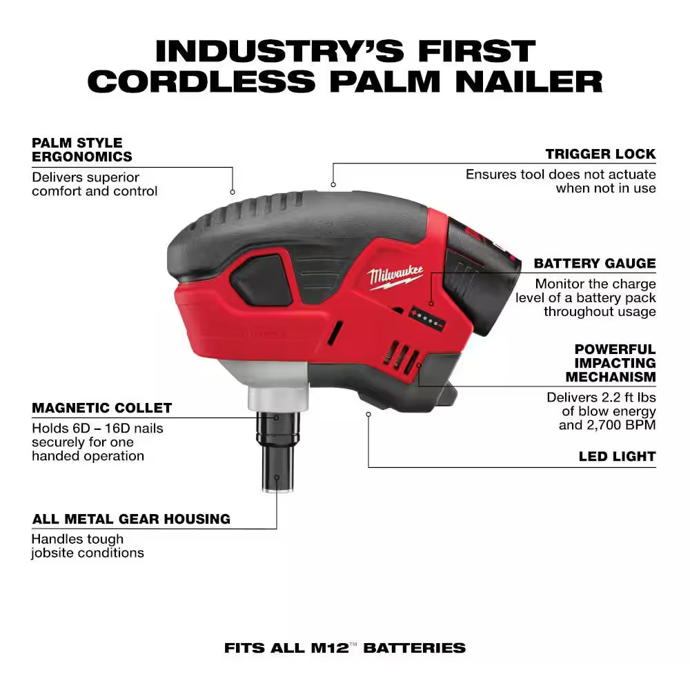 M12 12-Volt Lithium-Ion Cordless Palm Nailer Kit with One 1.5Ah Battery, Charger and Tool Bag