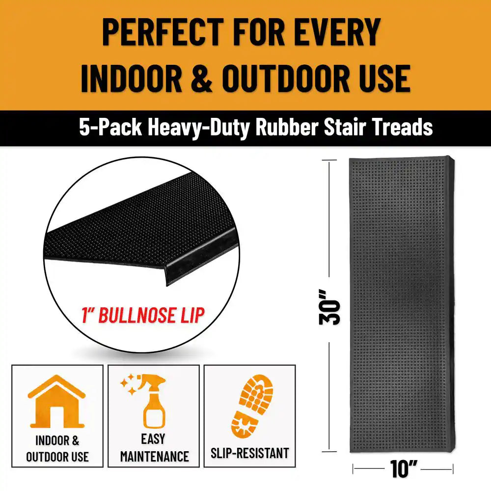 Waterproof Easy-Clean Indoor/Outdoor Black 10 In. X 30 In. Non-Slip Rubber Bull Nose Stair Tread Cover-Set of 5