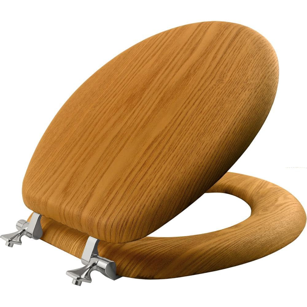 Round Wood with Chrome Hinge Toilet Seat in Natural Oak