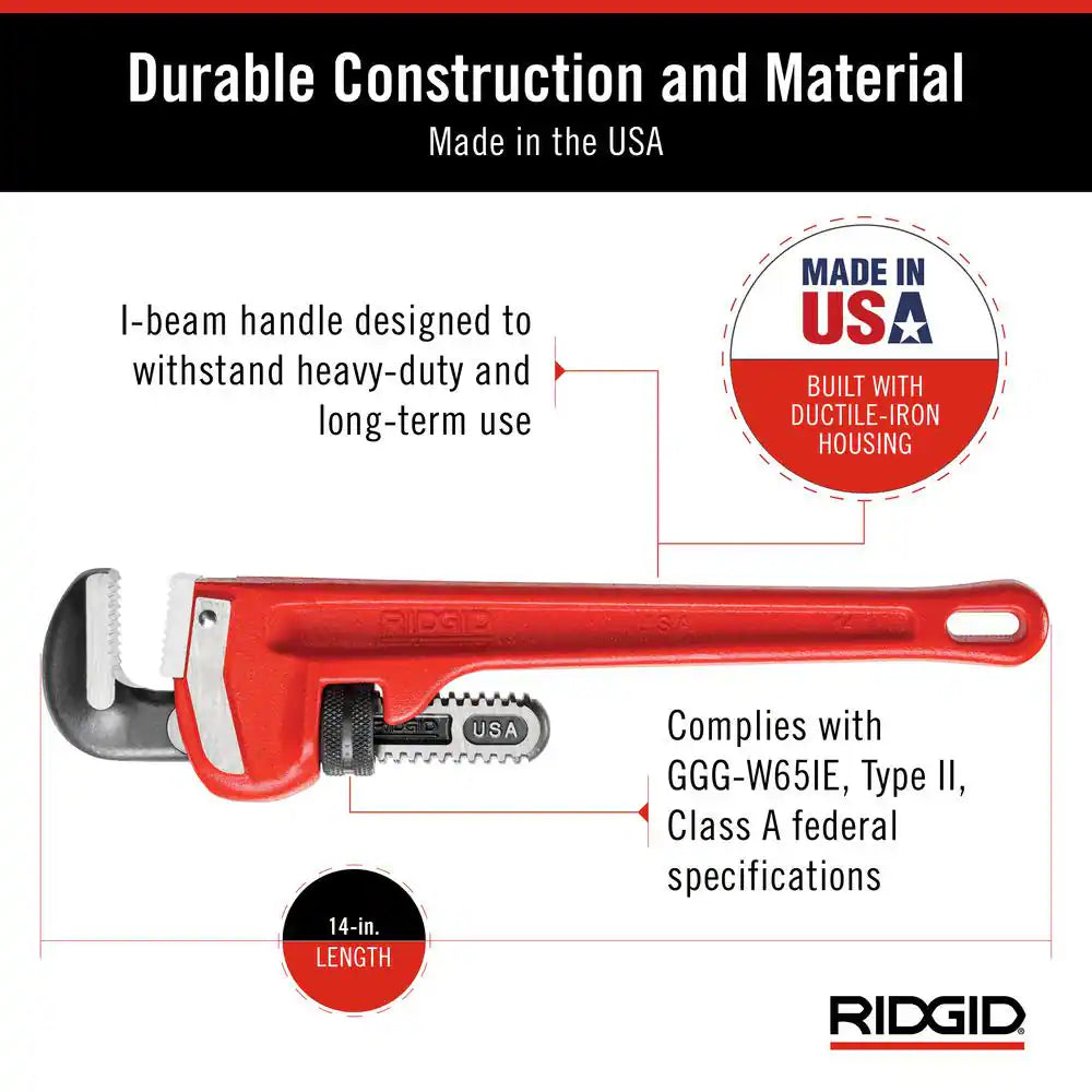 14 In. Straight Pipe Wrench for Heavy-Duty Plumbing, Sturdy Plumbing Pipe Tool with Self Cleaning Threads and Hook Jaws