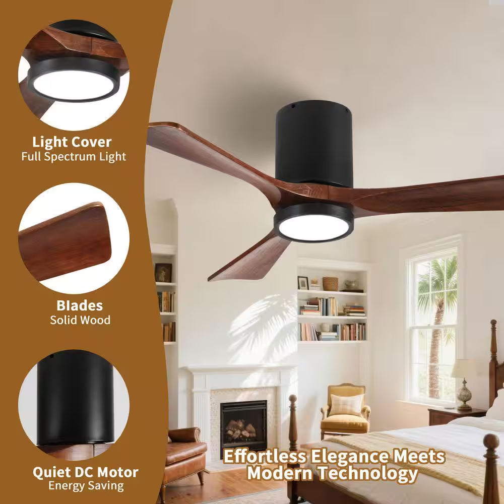 42 Inch Indoor Black Solid Wood 6 Speeds Remote Ceiling Fan with 3 Colors Dimmable LED Light and Reversible DC Motor