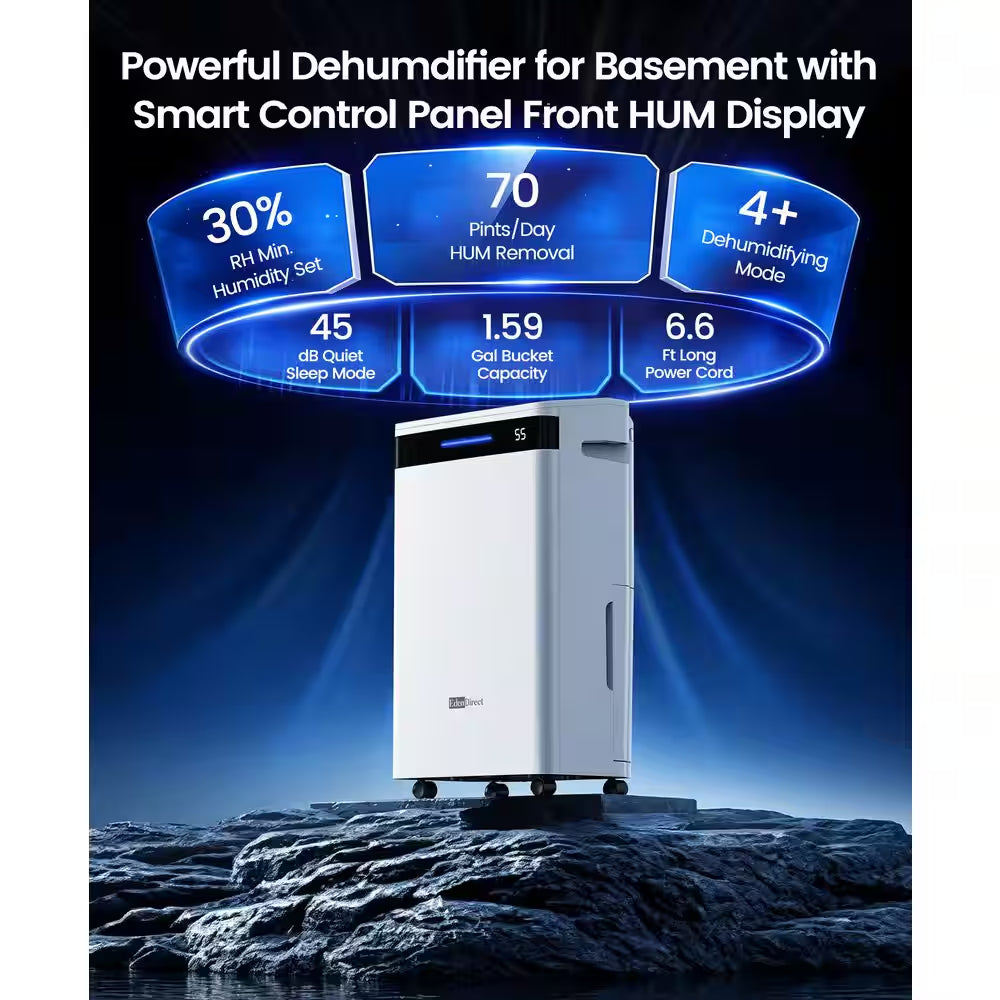 70 Pt. 5,500 Sq. Ft. Portable Dehumidifier for Basement with Bucket, Drain Hose, Auto Shutoff, Washable Filter (White)