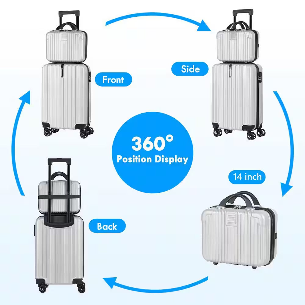 2-Piece Carry on Luggage Set Hard Side Lightweight Suitcase with 4 Spinner Wheels(14/20, Silver)