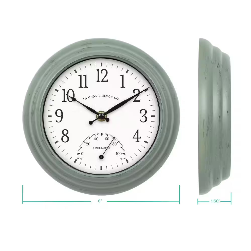 8 In. Sage Green Indoor/Outdoor Quartz Analog Wall Clock