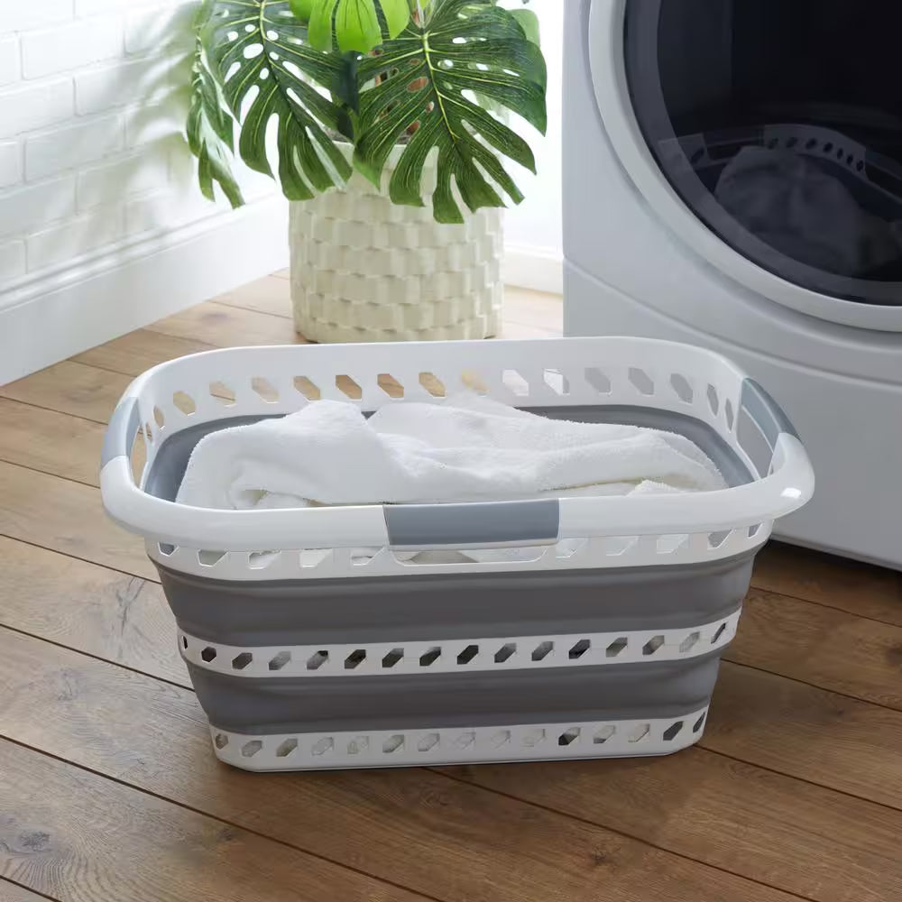 Collapsible Laundry Basket in White/Grey