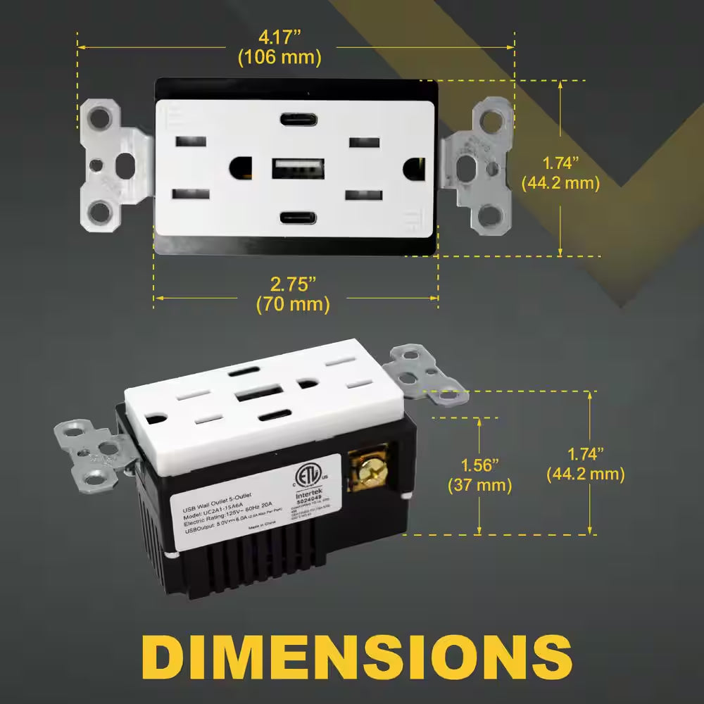 USB Receptacle Outlet White, 15A 30W with 2 Type C, 1 Type a USB Charger and Standard Wallplate