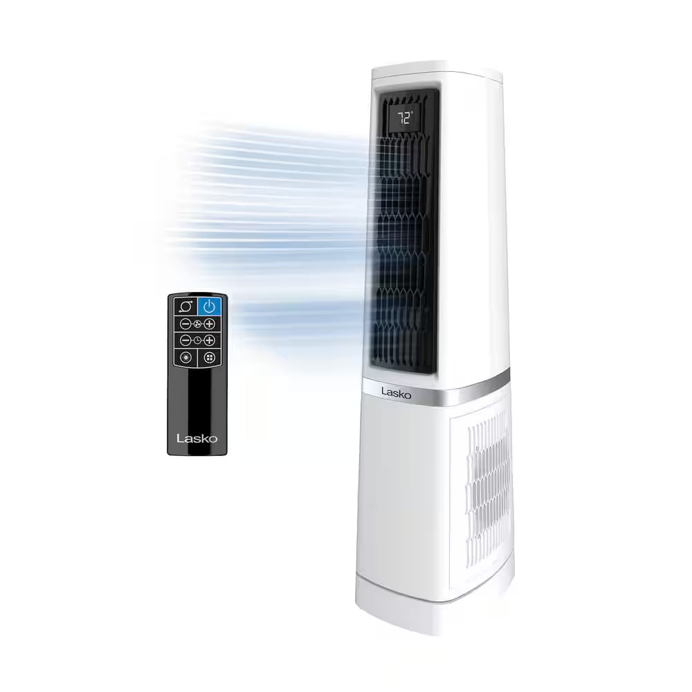 Stratus 35 In. 12-Speed High Velocity Oscillating Tower Fan in White with Quiet DC Motor, Remote, Timer, 11 In. Dia