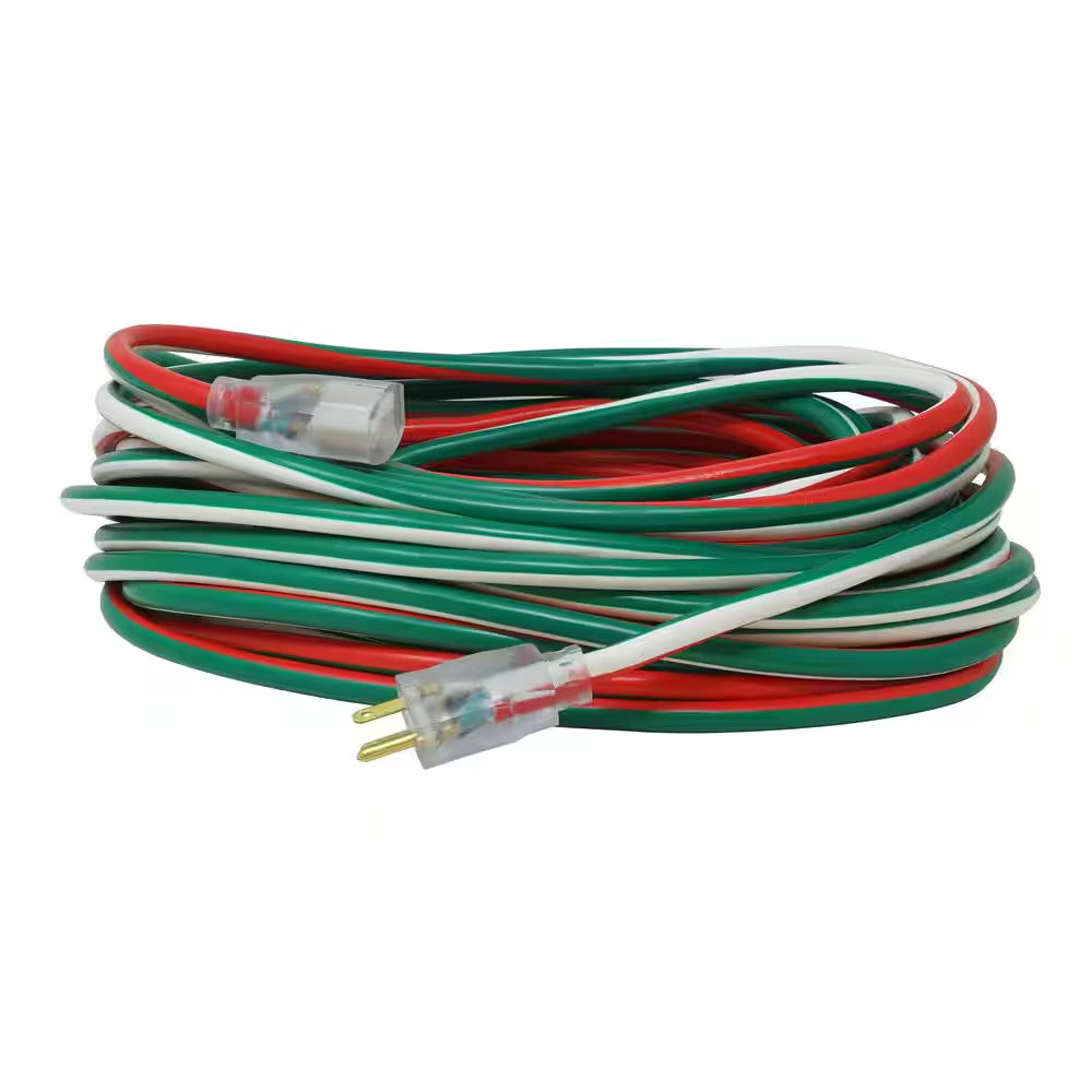 80 Ft. 12/3 SJTW Outdoor Heavy-Duty Extension Cord with Power Light Plug, Red/White/Green