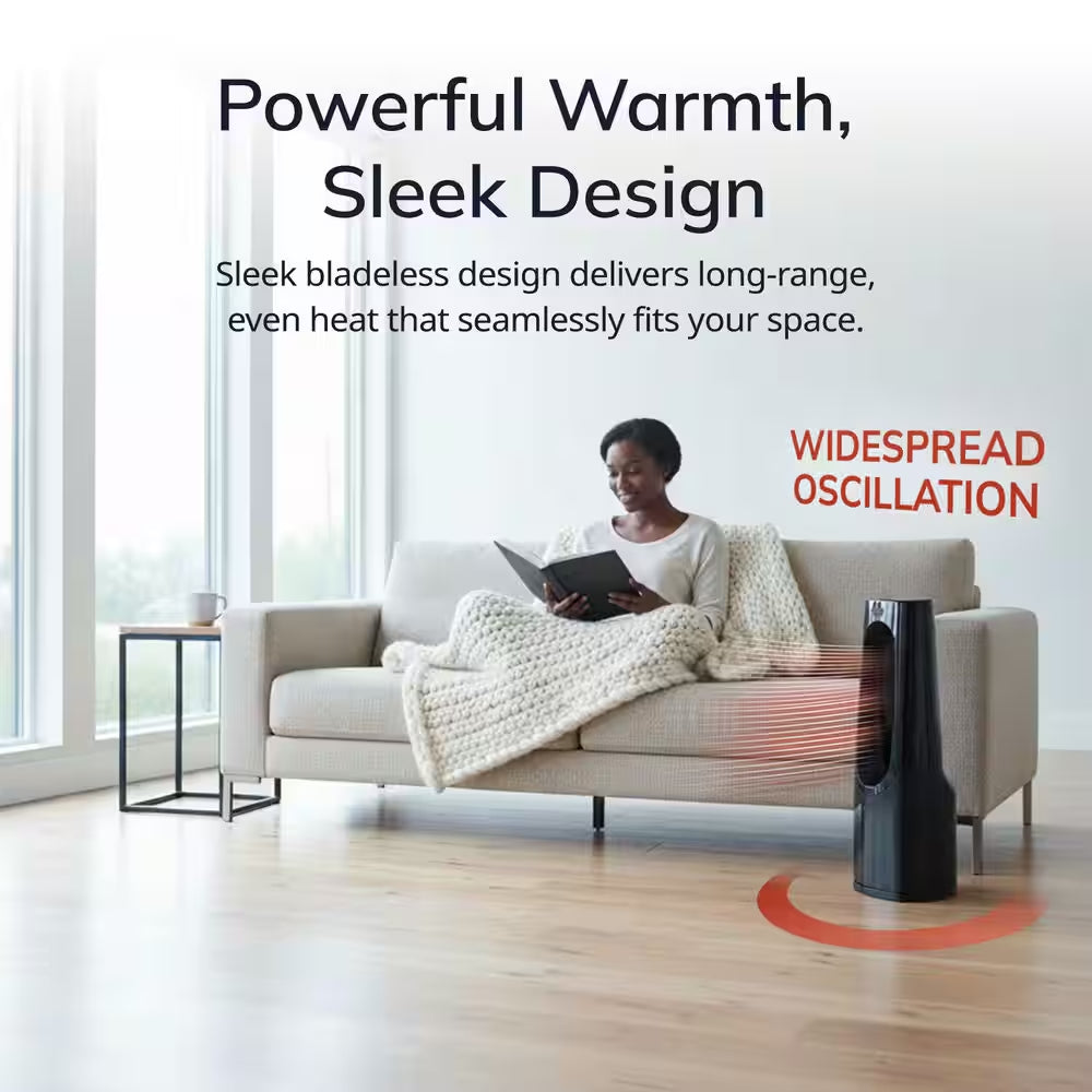 Bladeless 1500W 28 In. Black Electric Oscillating Tower Ceramic Space Heater with Remote Control and Digital Display