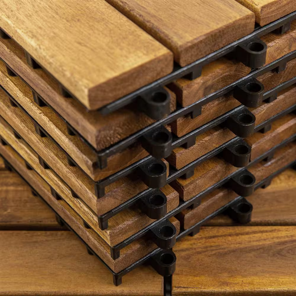 12 In. X 12 In. Acacia Wood Interlocking Flooring Deck Tile Brown 6-Slats, 10-Pack Covering 10 Sq. Ft.