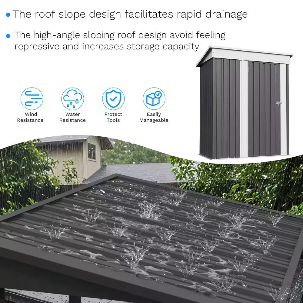 5 Ft. W X 3 Ft. D Outdoor Storage Gray Metal Shed with Sloping Roof and Lockable Door (16 Sq. Ft.)