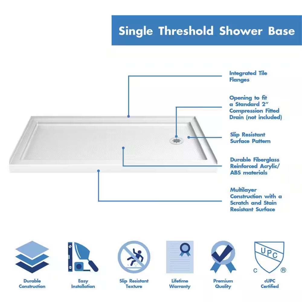 Slimline 60 In. X 32 In. Single Threshold Shower Pan Base in White with Right Hand Drain