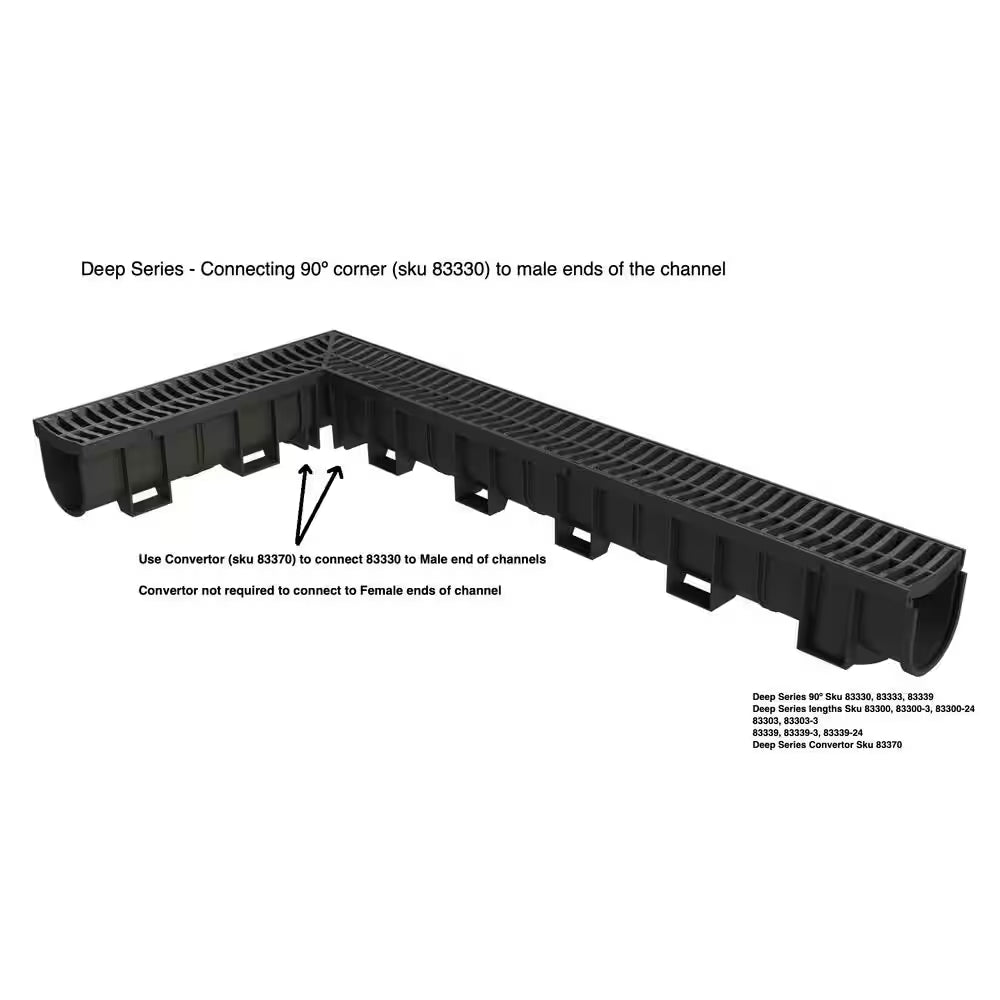 Deep Series 5.4 In. W X 5.4 In. D X 39.4 In. L Channel and Grate with Bottom Outlet with Black Grate