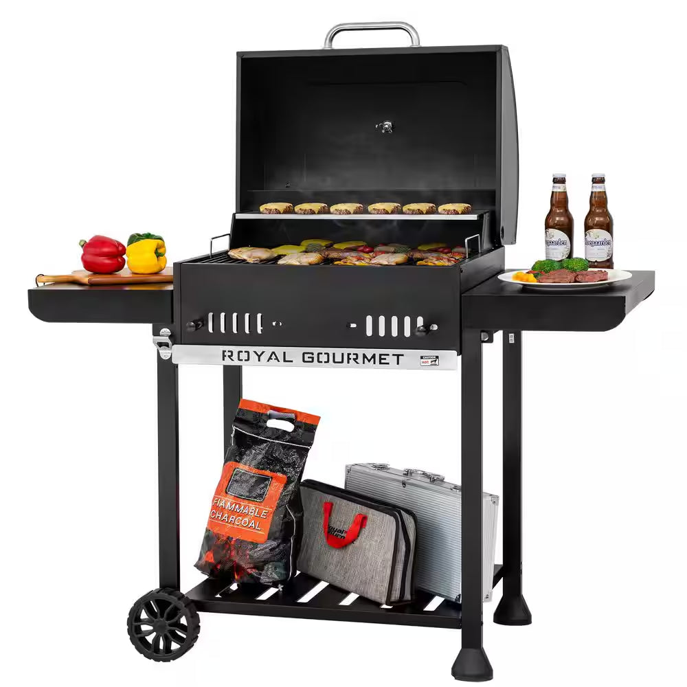 24 In. Movable Charcoal Grill in Black, 2 Foldable Side Shelves, 2-Level Height-Adjustable Charcoal Pan